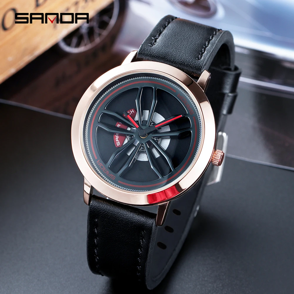 Sanda Rotating Car Wheel Watch for Men, Stainless Steel Case, Leather Band, Quartz Wristwatch, Dial Sports Watch, 2022