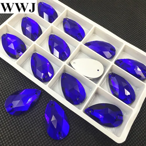 48pcs/lot 13x22mm Cobalt Color Teardrop Glass Crystal Sew on Rhinestone Flatback 2 holes Pear Droplet Sewing Crystal Beads