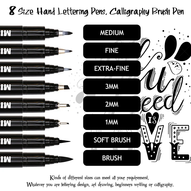 8Pcs Hand Lettering Pens Neelde Drawing Line Calligraphy Pen Waterproof Pigment Sketch Markers Pen For Design Art Supplie