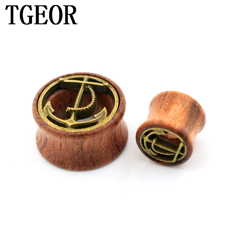 New Hot wholesale 70pcs gauges with surface inlay bronze anchor original wood double flare ear plug free shipping