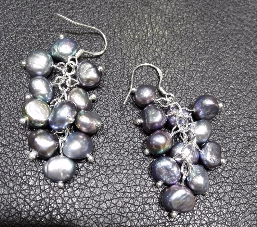 women Jewelry Earring 6-8mm Bright Gray Black bunch Dangle Hook Earring Natural Freshwater pearl highlight pearl