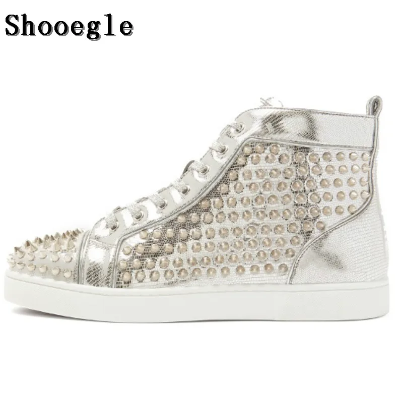 SHOOEGLE High-grade Silver Leather Men Shoes Lace-up High-Top Flat Sneakers Sapatos Masculinos Spike Rivets Shoes Size EU38-47