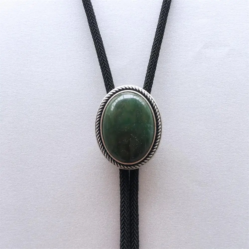 Vintage Silver Plated Handcraft Nature ZA Greenstone Wedding Oval Bolo Tie Necklace Neck Tie