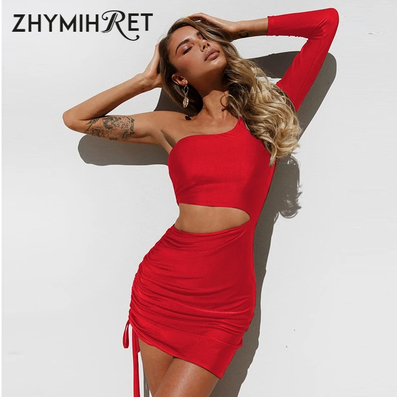 ZHYMIHRET  Fashion Fall One Shoulder Dress Women 2023 Sexy Ruched Waist Hollow Out Dresses Long Sleeve Vestido De Festa Longo