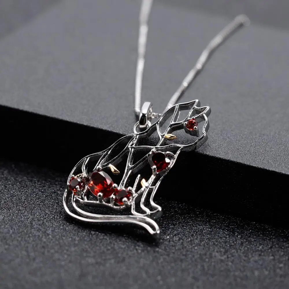 GEM\'S BALLET Natural Red Garnet Gemstone Fine Jewelry 925 Sterling Silver Handmade Cat Shape Pendant Necklace For Women