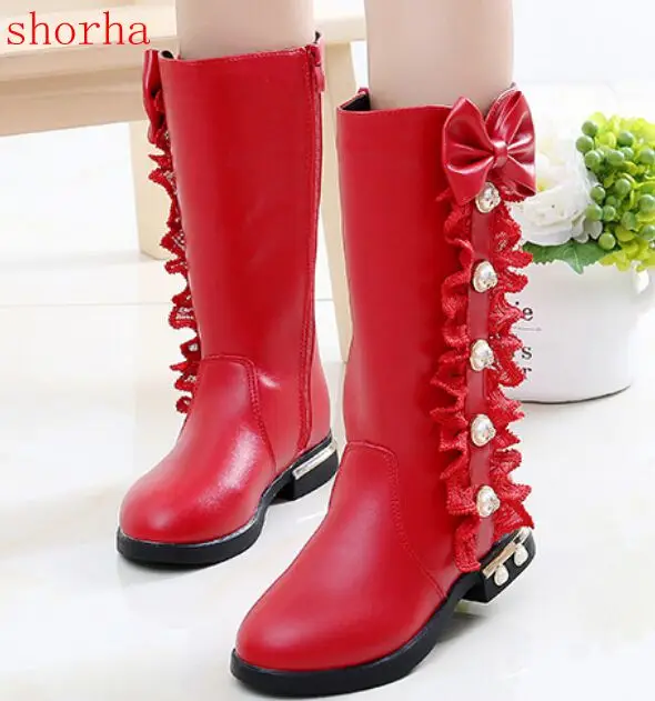 2018 autumn and winter girls snow boots children's  boots big children's bow high leather boots plus velvet lace