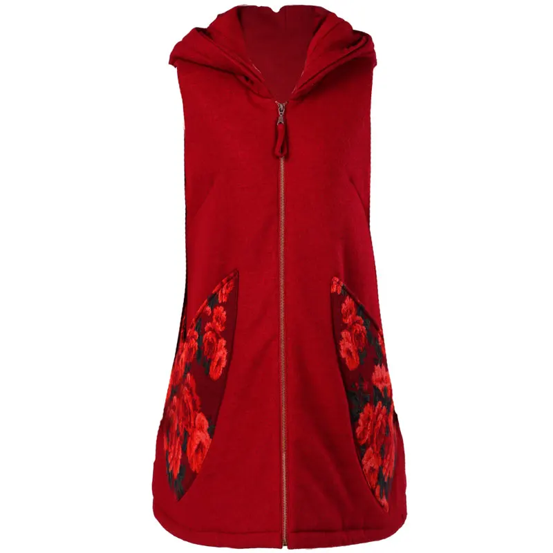 ARTKA Women's Autumn Winter Vintage Hooded Vest Red Zipper Embroidered Floral Sleeve Cotton Vest For Female MA10049Q