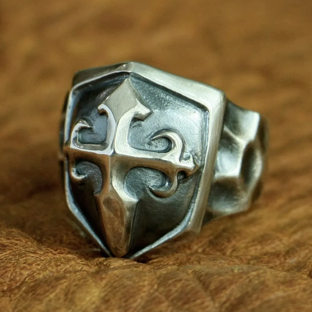 LINSION 925 Sterling Silver Handmade Shield Cross Ring Mens Biker Punk Ring TA92 US Size 7~15