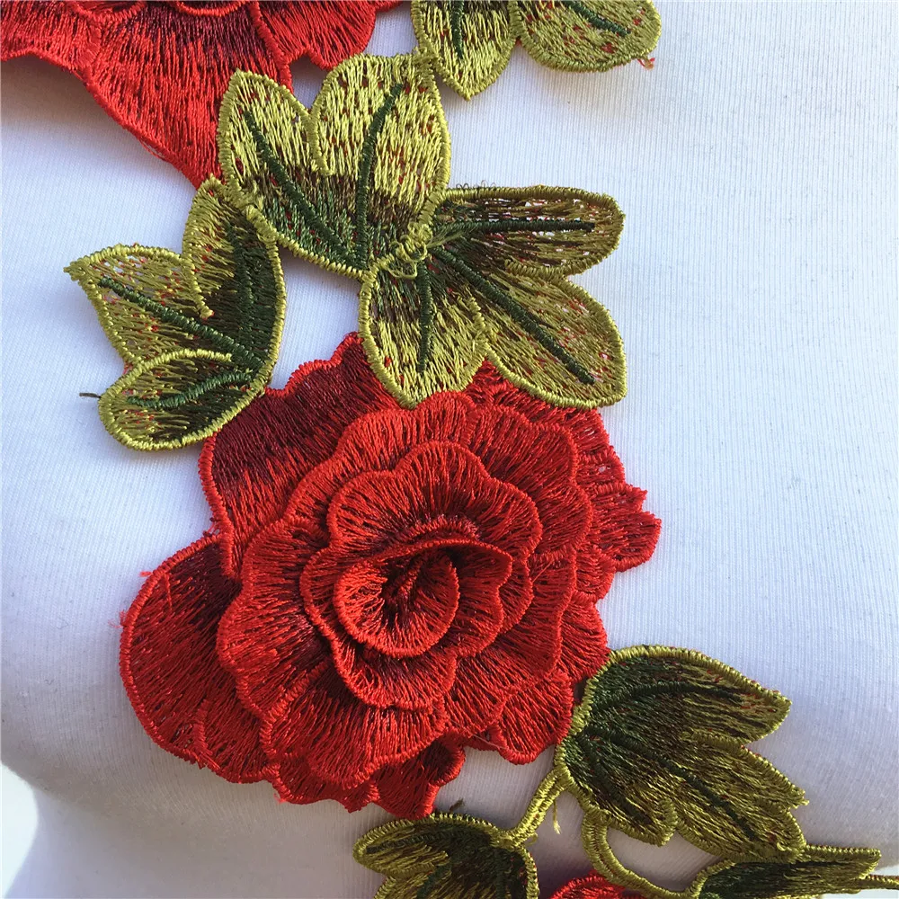 1Pc 3D Red Embroidered Fabric Rose Flower Venise Lace Sewing Applique Lace Collar Neckline Collar Applique Accessories