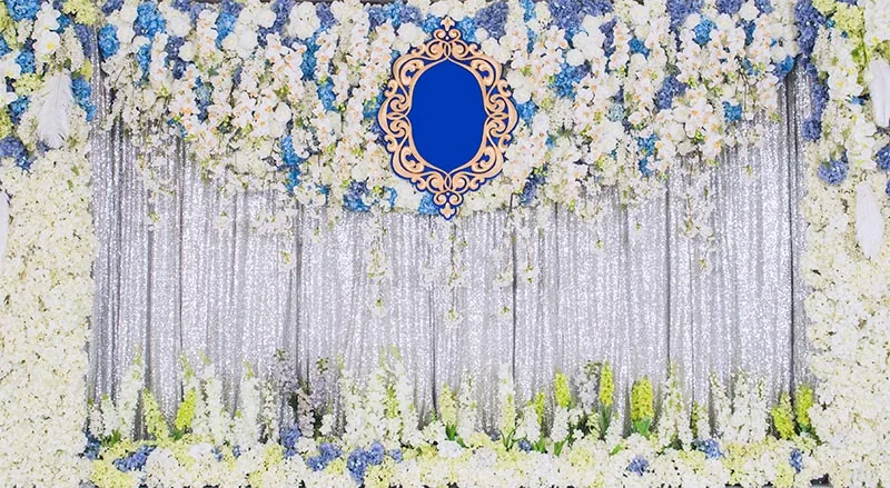 

7x5FT Blue Mirror Silver Curtain Drape Wedding White Flowers Branch Custom Photo Studio Background Backdrop Vinyl 220cm x 150cm