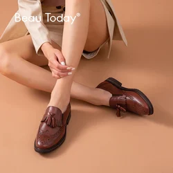 BeauToday skórzane mokasyny damskie cielęce Fringe Brogue buty okrągłe Toe Slip-On wiosna jesień panie Casual mieszkania Handmade A21047