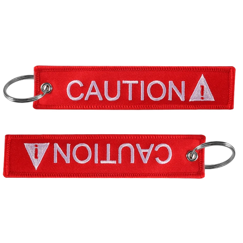 New Keychain Embroidery CAUTION car key ring Red llavero coche Fashion keyfods key holders for Cars Motorcycles pendant Gift