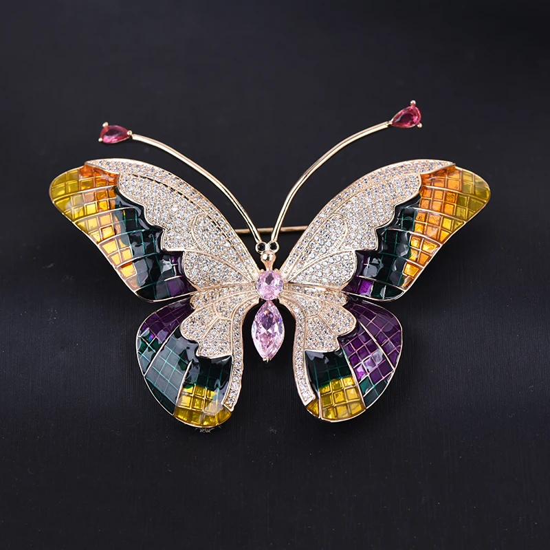 

Fashion Shawl Accessories Luxury Large CZ Insect Purple Butterfly Brooch Bouquet Enamel Pin Jewelry