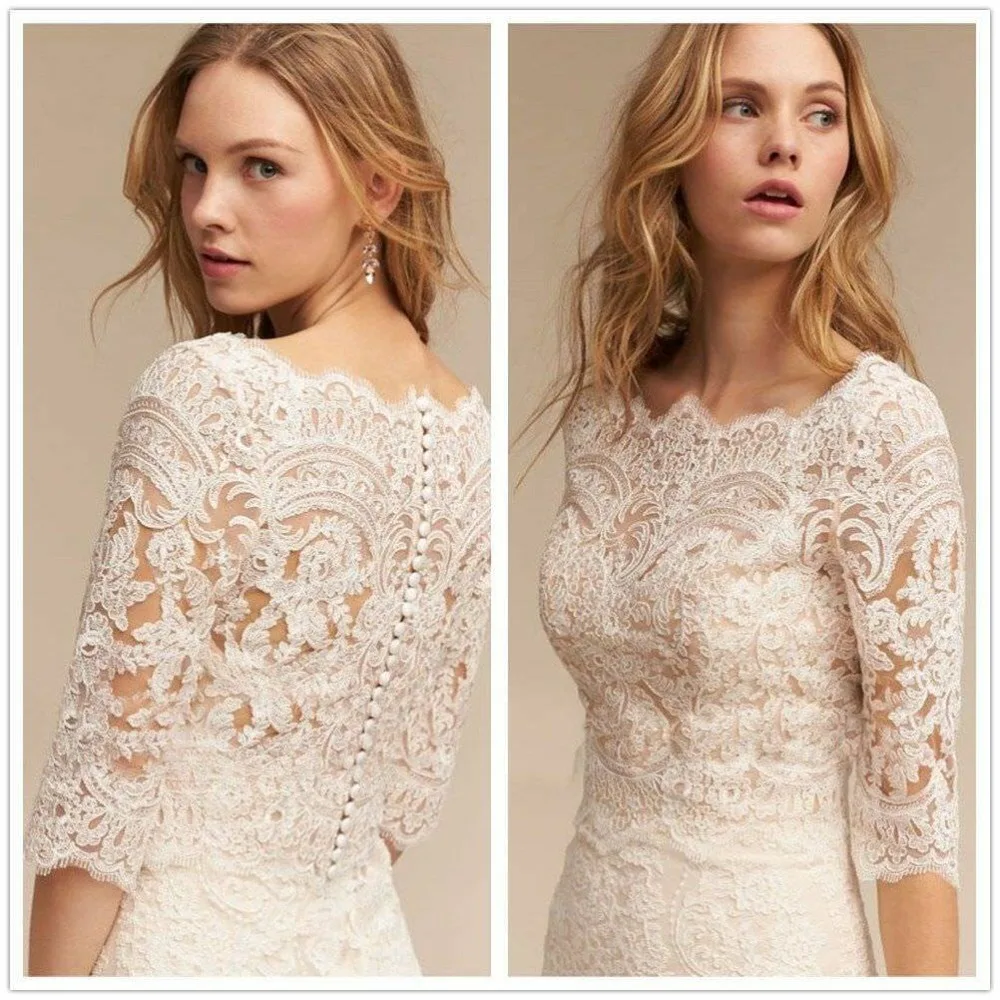 

Women Lace Appliques Bridal Jacket 3/4 Sleeves Bolero Shawl Accessories White Ivory Wedding Jackets Custom Made