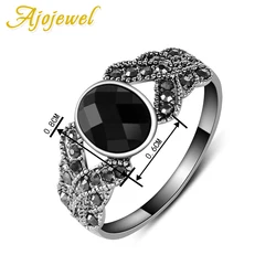 Ajojewel Retro Simple Thin Ring With Resin Stone Black Marcasite Vintage Rings For Women Wholesale Bague Femme