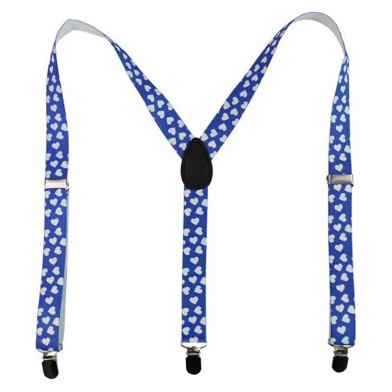 Men/Women Blue Heart Print Suspenders 3 Clip Pants Y-Back Clip-on Adjustable Elastic Braces Suspenders Clothing Accessories