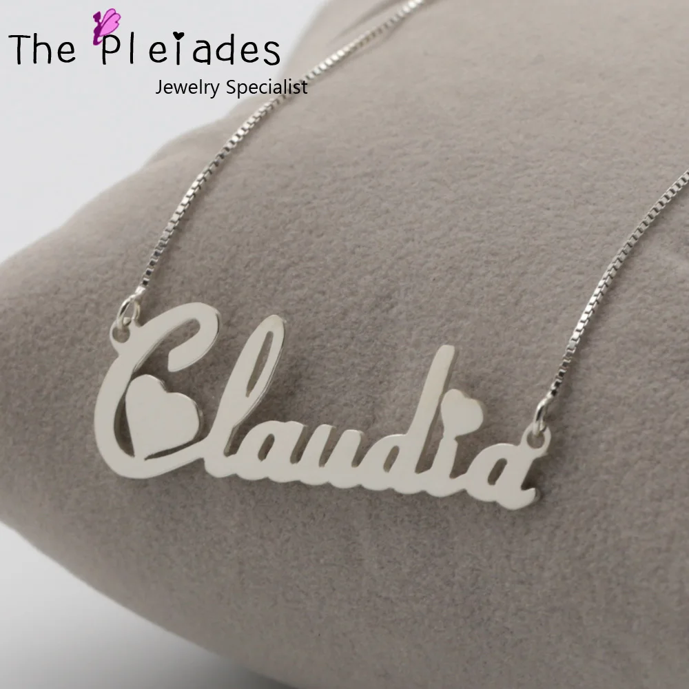 925 Solid Silver Name Necklace Customized Heart Decorated Name Pendent Personalized Gift for Your Pretty Girl