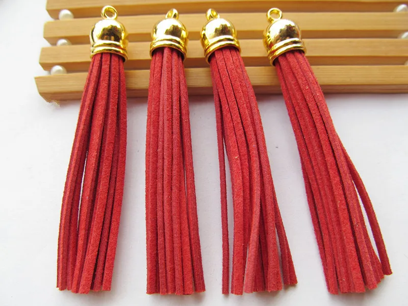 Free Shipping 100Pcs 90mm Red Suede Leather Jewelry Tassel For Key Chains/ Cellphone Charms Top Plated End Caps Cord Tip