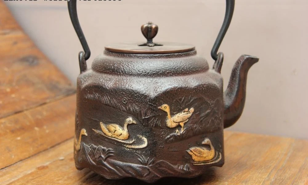 Archaic Jepan Technics Iron Silver Gilt Wild Duck Water Bottle TeaPot Teakettle