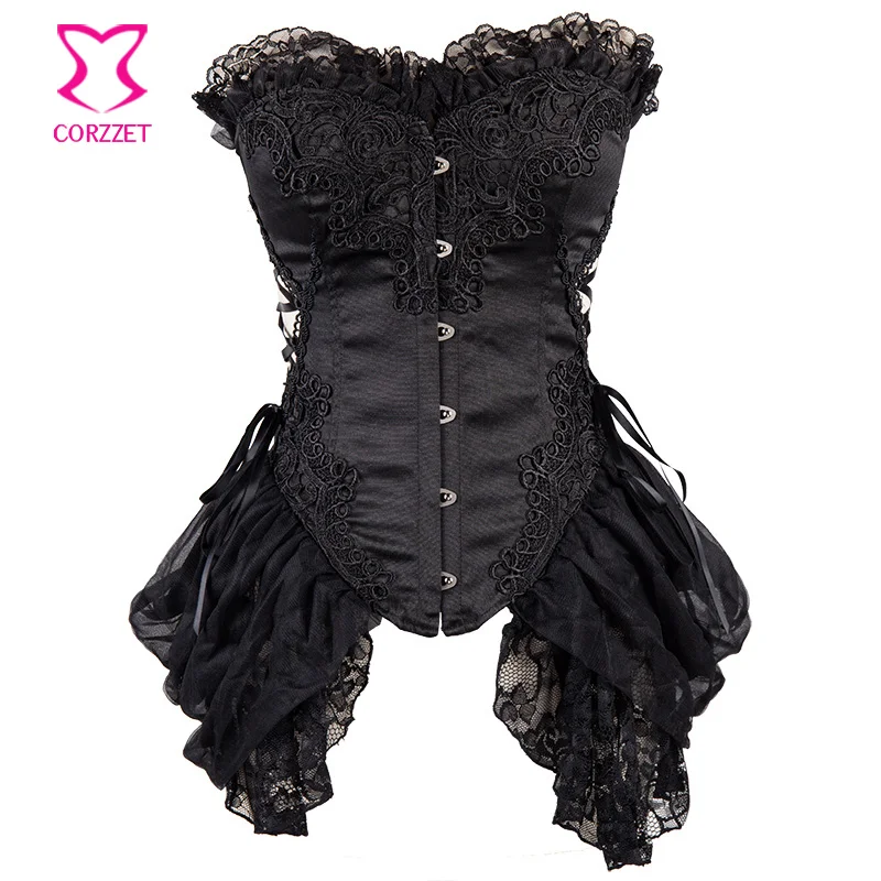 

Vintage Gothic Corset Bustier Top Black Lace Skirted Corsetto Steampunk Corsets and Bustiers Sexy Corpetes Corselet Plus Size