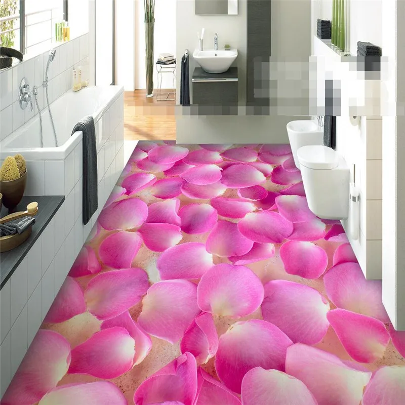 

beibehang Modern sticker 3D floor painting bathroom mural Romantic pink petals non-slip waterproof thickened self-adhesive PVC