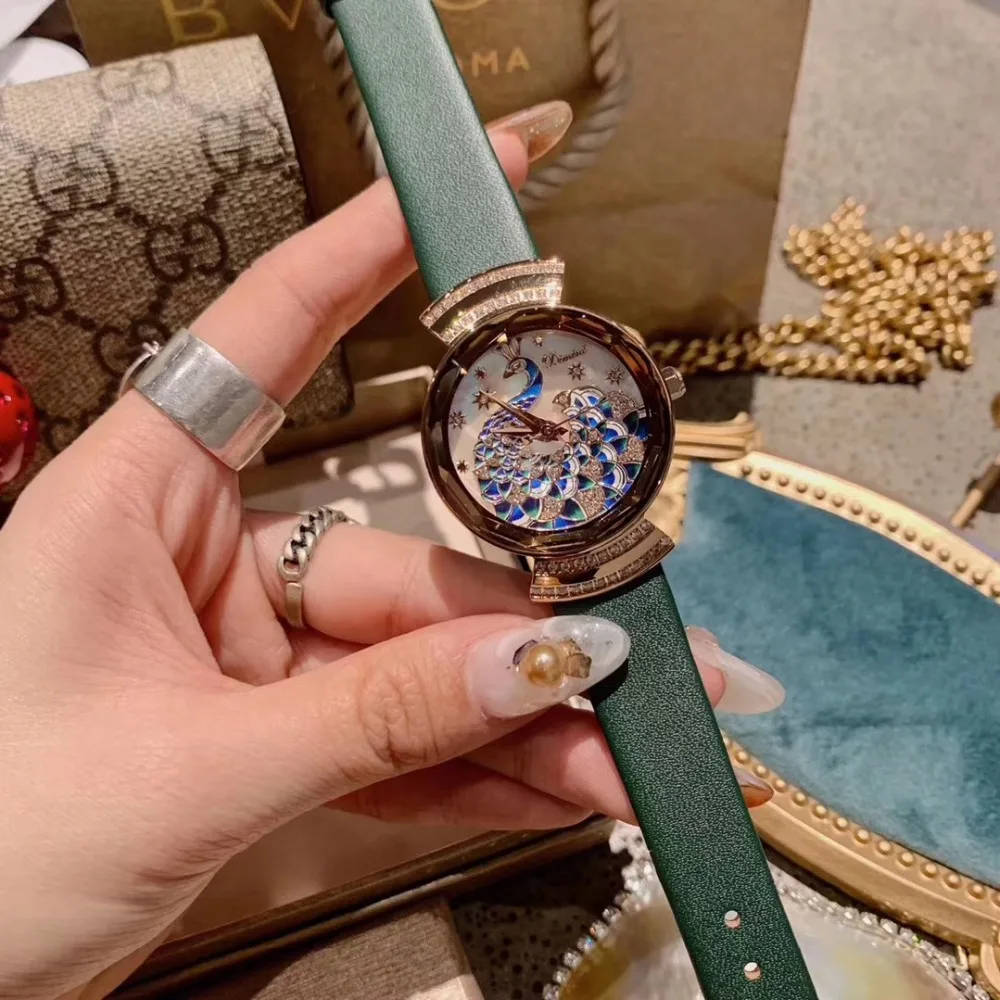 Noble Elegant Women Peacock Watches Enamel Vintage Party Statement Watch Handmade Painting Crystals Wrist watch Leather Montre