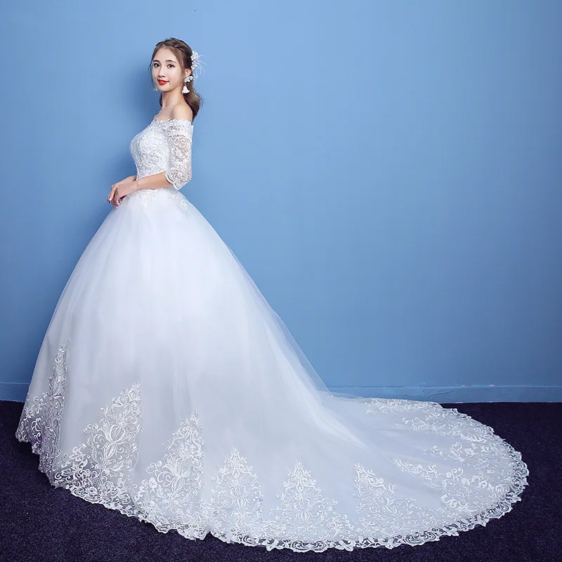 Robe De mariée classique en dentelle, manches mi-longues, col bateau, épaules dénudées, application personnalisée, nouvelle collection 2021