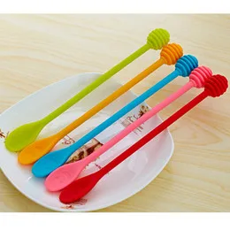 Free shipping Cute Smile Face Silicone Honey Spoon Honey Stick Tea Long Handle Mixing Stick Coffee Sticker Spoon