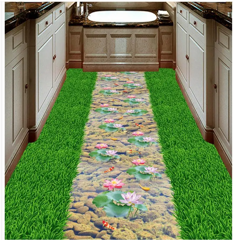 

3d floor painting wallpaper Lawn creek carp lotus bathroom kitchen walkway 3D floor bathroom pvc wallpaper 3d flooring