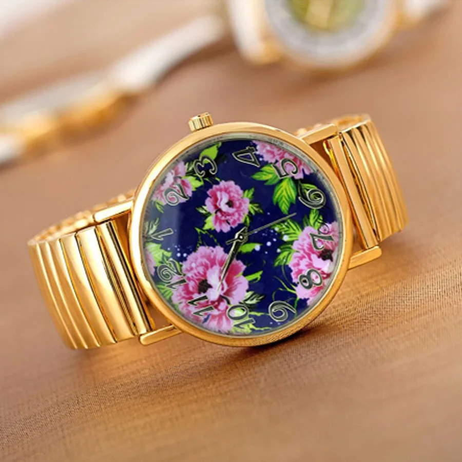 shsby new Elastic stainless watches women dress watches Gold watchband casual wristwatches Bright-coloured flower girl watches