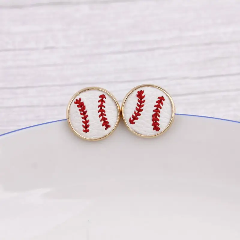 2019 New Arrival Embroidery Baseball Leather Round Stud Earrings For Women Mini Round Leather Sport Ear Stud Jewelry Wholesale