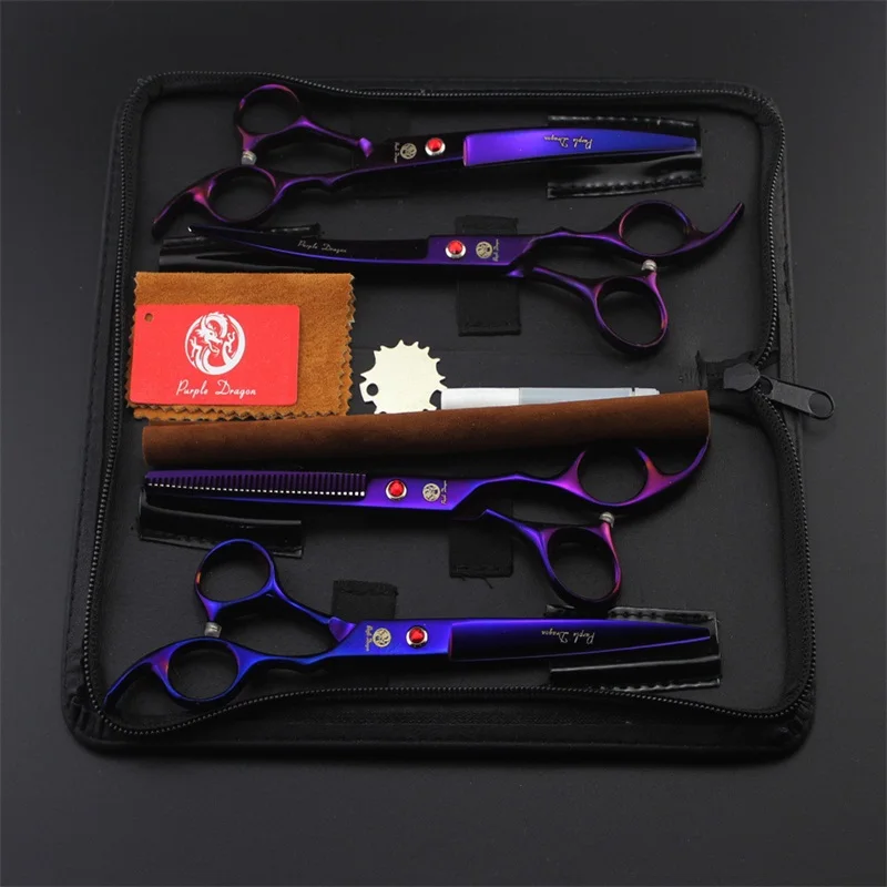 Purple dragon 7.0 inch Professional Pet Scissors Dog Grooming Shears Set Straight & Curved & Thinning 4pcs/set