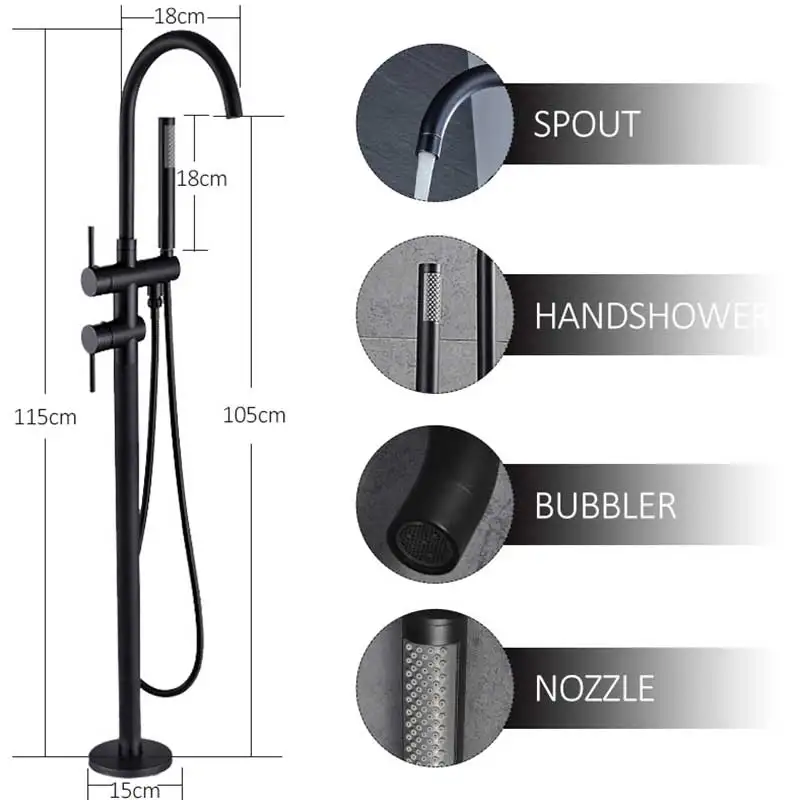 Wanmivezlo Black Bathtub Floor Stand Faucet Mixer Single Handle Tap Two Function 360 Rotation Spout With ABS Handshower