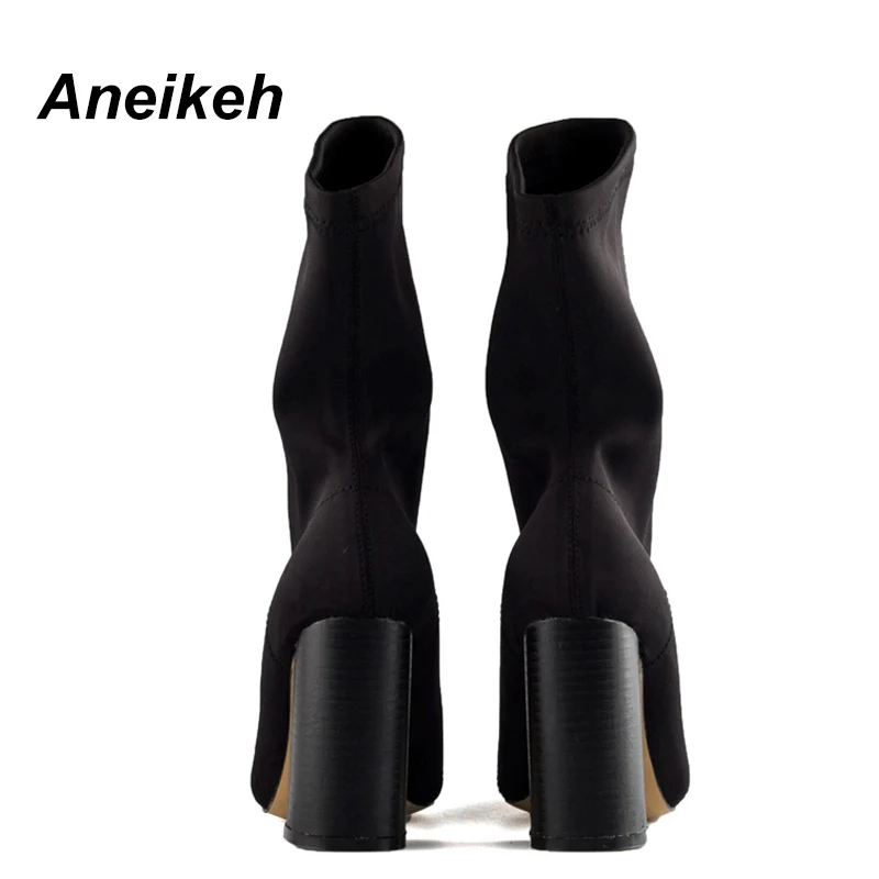 Aneikeh 2024 Spring/Autumn Elegant Stretch Fabric Socks Boots Women\'s Pointed Thick Heel Sewing Ankle Boots Party Club Zapatos