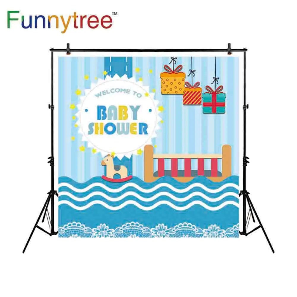 Funnytree new photographic background baby shower baby cot blue stripes trojan horse waves children photography background cloth