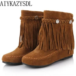 AIYKAZYSDL Bohemian gypsy boho ethnic national women tassel fringe Faux suede leather ankle boots woman girl flat shoes booties