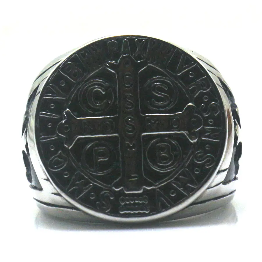 Men CSPB CSSML NDSMD Saint Benedict of Nursia Catholic Church Christianity Jesus Exorcism Cross Ring 316L Stainless Steel