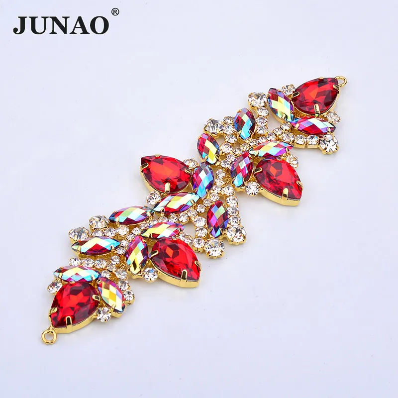 JUNAO 45*140 millimetri di Cucito Rosso AB Fiore di Strass Connettore Strass Fibbia di Cristallo di Vetro Strisce Applique Oro Flatback Pietre FAI