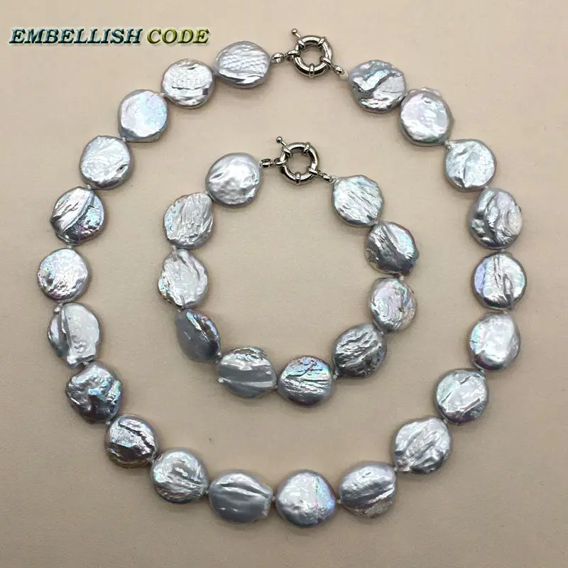 

baroque pearl choker statement necklace bracelet jewelry set grey color round coin Button flat shape natural freshwater pearls