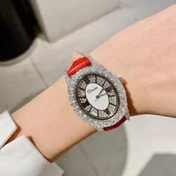 2019 Fashion Luxury Designer Brand Leather strap Diamond Women Watches Quartz Oval Shape Waterproof Ladies Watch