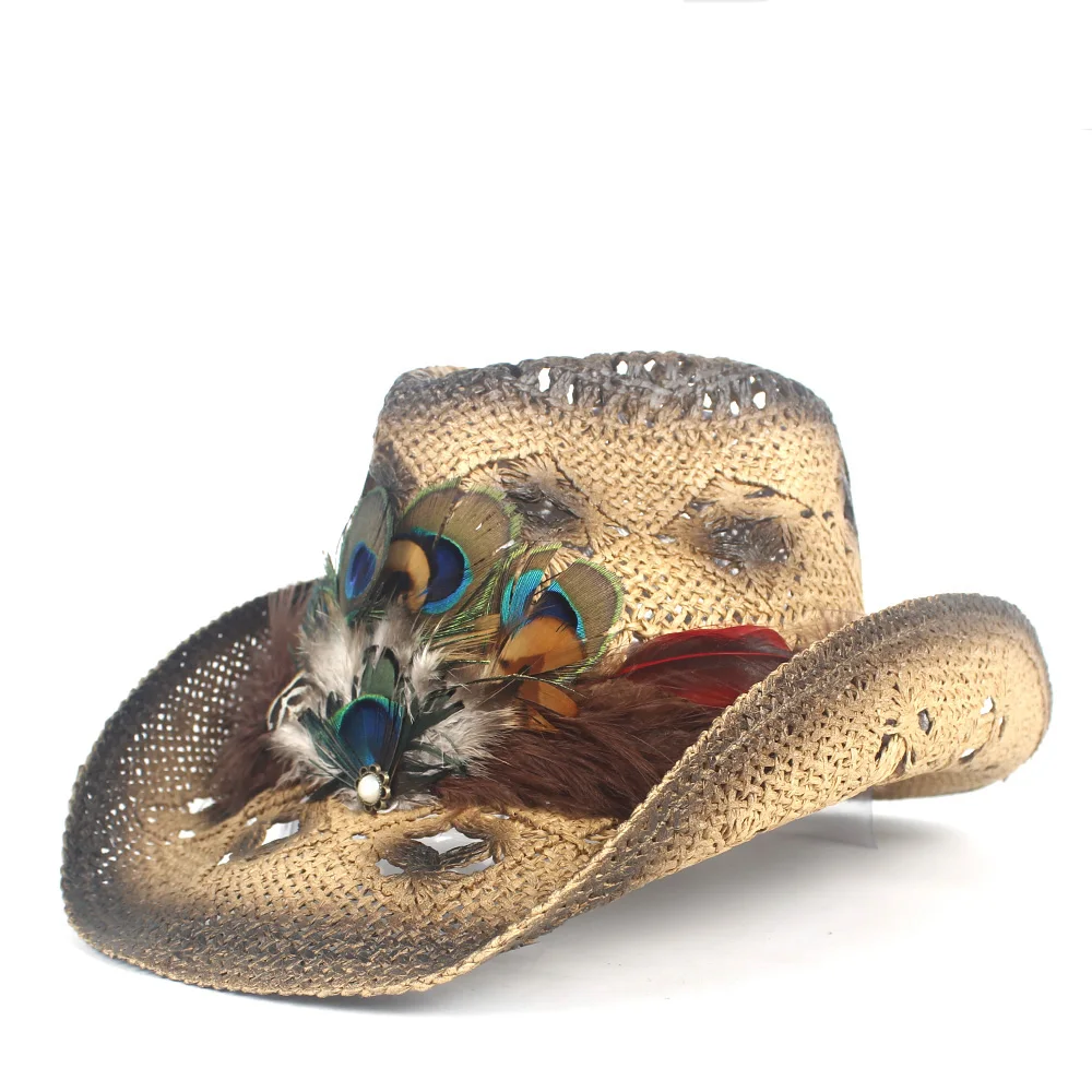 Women Straw Hollow Western Cowboy Hat Lady Handmade Peacock Feather Sombrero Hombre Beach Cowgirl Jazz Sun Hat Size 56-58CM