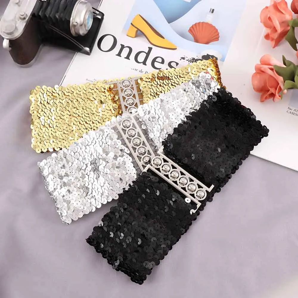 2020 Fashion Ladies Waistband Charms Women Elastic Sequin Belly Waist Belt Casual Stretch Belt Buckle Corset Wide Waist Belts