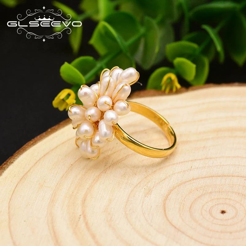 GLSEEVO 925 Sterling Silver Natural Fresh Water White Pearl Heart Shape Ring For Women Wedding Fine Handmade Jewelry  GR0235