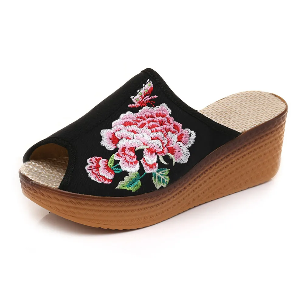 Veowalk Flower Embroidered Women Canvas Wedge Slide Slippers Peep Toe Retro Ladies Comfortable Summer Slip On Platform Shoes image 5