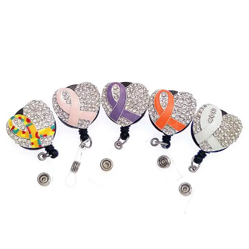 medical rhinestone heart breast cancer awareness ribbon Retractable ID badge holder reel for nurse