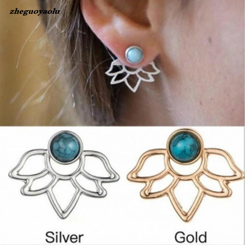 New Personality Unique Retro Green Stone Lotus Petal Hollow Leaf Earrings Boucle D\'oreille Femme 2017 Earrings For Women Brincos