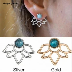 New Personality Unique Retro Green Stone Lotus Petal Hollow Leaf Earrings Boucle D'oreille Femme 2017 Earrings For Women Brincos