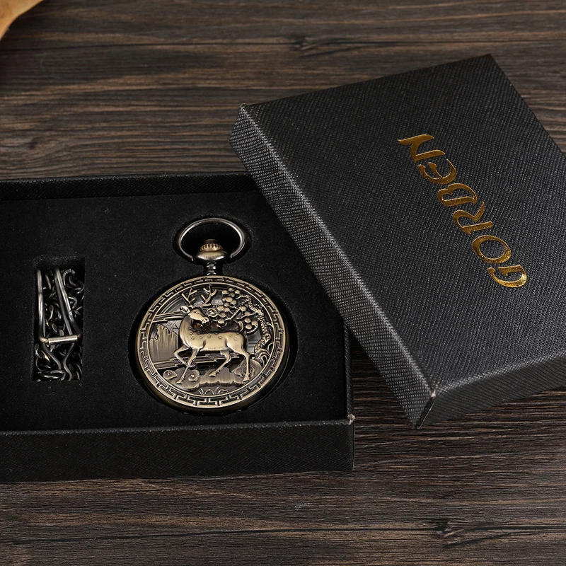 Jam Tangan Saku Mekanis Rusa Perunggu Antik Jam Tangan Rantai Rantai Rantai Rantai Rantai Unisex Berongga Steampunk Pria Hadiah Jam Tangan Hitam
