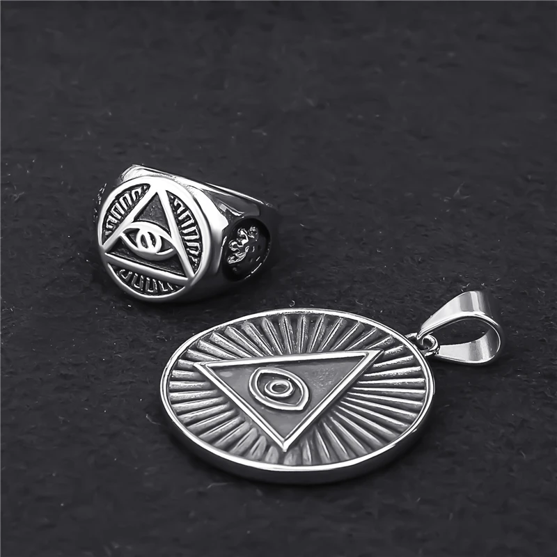 Mens Stainless Steel Ring Pendant Necklace Illuminati The All-seeing-eye illunati pyramid/eye symbol Biker Jewelry Sets