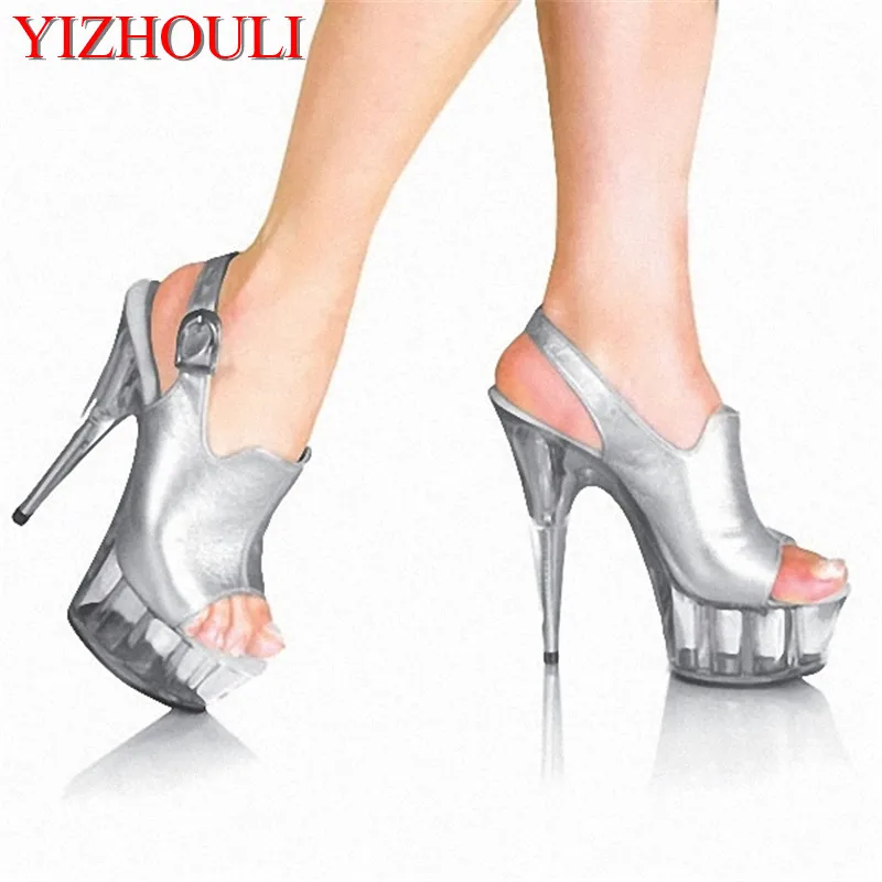 

fashion 6 inch fashion brand platform high heels 15cm sexy buckle peep toe sandals silver women Crystal shoes